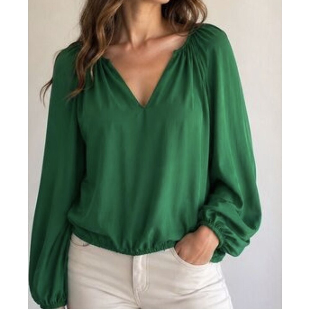 Diane Von Furstenberg Blouse Womens Large Green Silk Hathaway V Neck Tunic Top